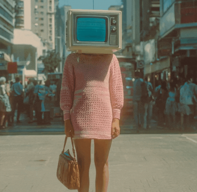 Retro 1980s cyberpunk street scene with a woman in a pink dress and a TV for a head, symbolizing identity and technology.