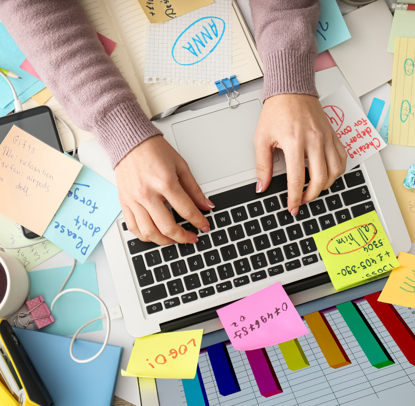 Animated figure surrounded by cluttered content and headlines, symbolizing information overload in the mortgage and real estate industry