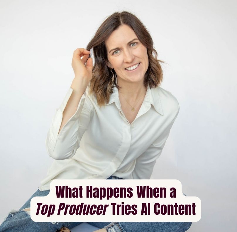 Katie Shive, a woman with shoulder-length brown hair wearing a white button-down shirt and jeans, smiles while tucking her hair behind her ear. Bold text overlay reads "What Happens When a Top Producer Tries AI Content."