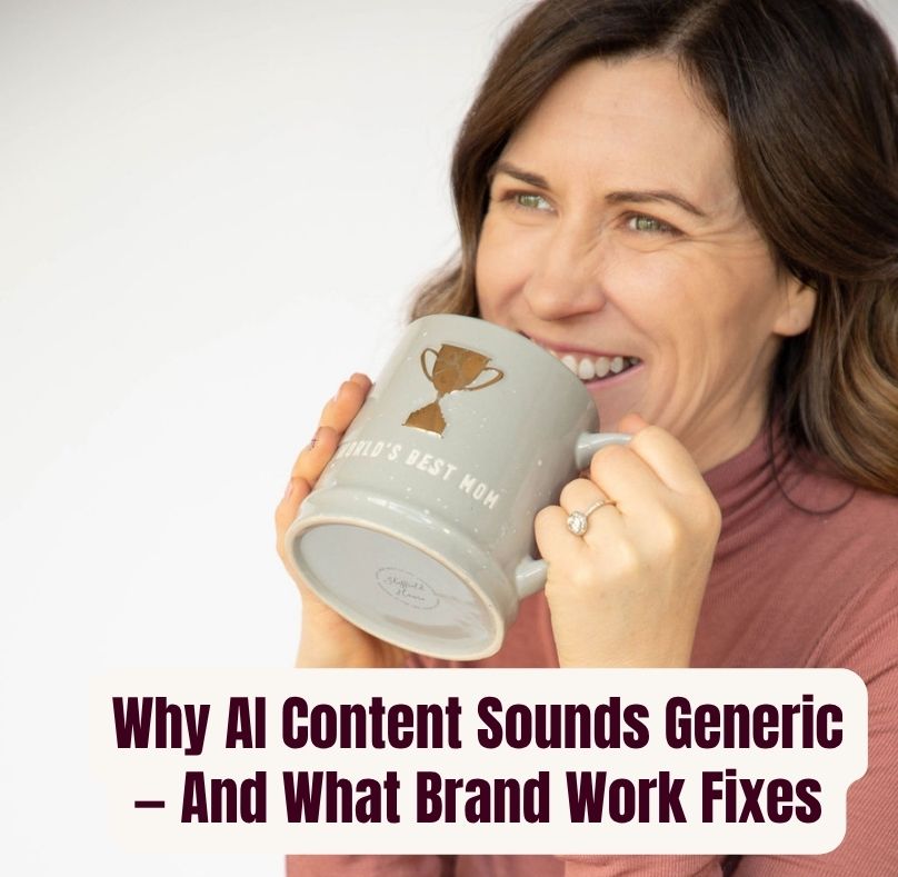 Woman looking at a laptop screen with AI chat text that reads generic marketing copy, illustrating why AI content sounds generic without brand foundation work